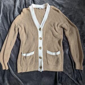 LOFT Tan Cardigan with White Trim and Patch Pockets